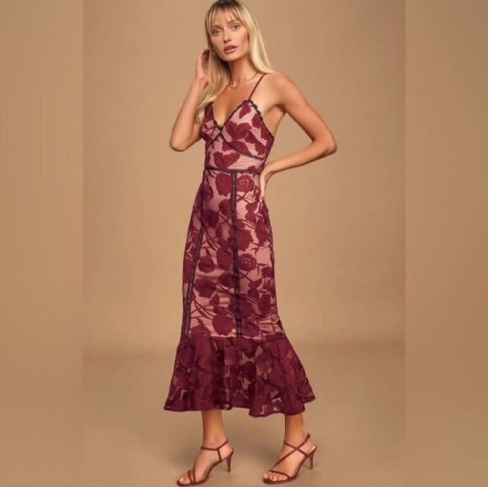 Lulu's Burgundy Floral Mesh Midi Dress